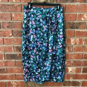 Kelly Renee Black & Blue Floral Midi Silky Wrap Skirt